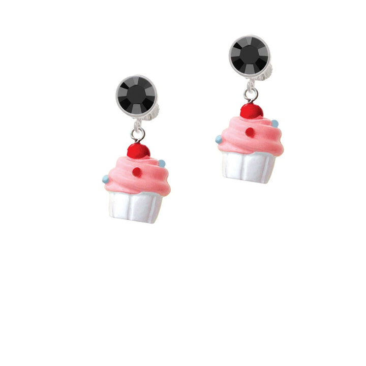 Resin White Cupcake with Pink Frosting Crystal Clip On Earrings Image 3