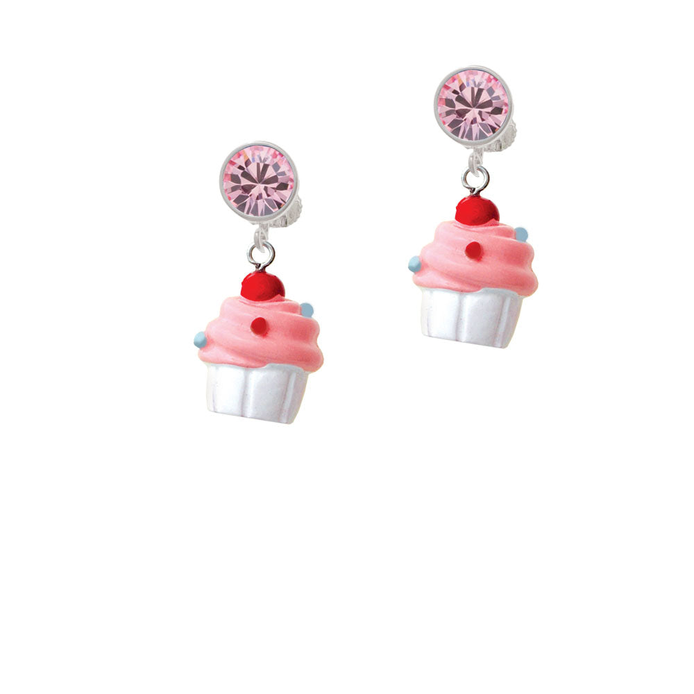 Resin White Cupcake with Pink Frosting Crystal Clip On Earrings Image 4