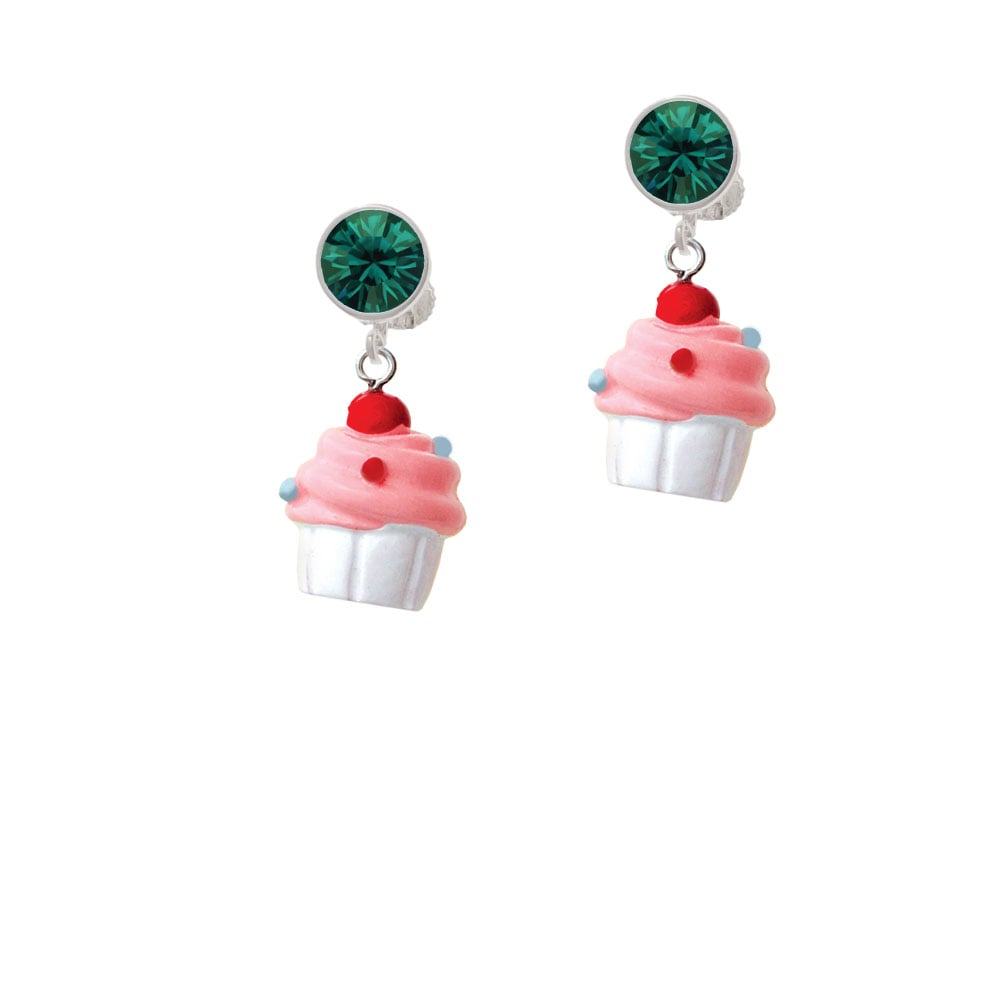 Resin White Cupcake with Pink Frosting Crystal Clip On Earrings Image 1