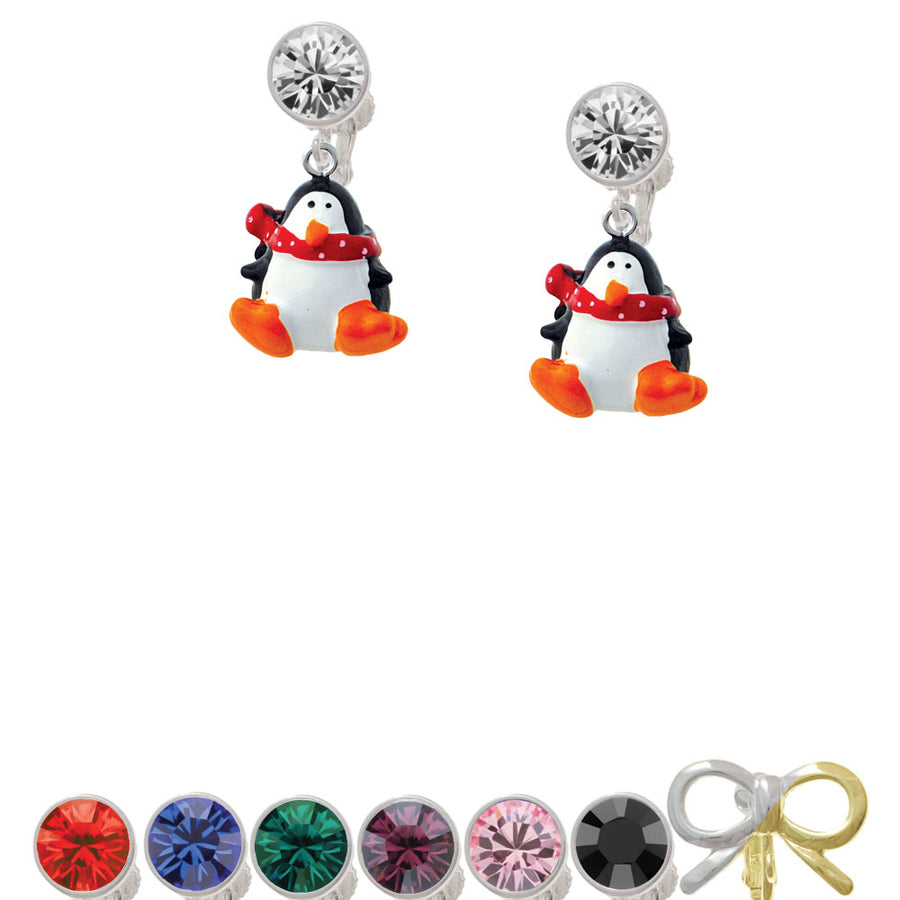 Resin Penguin with Red Scarf Crystal Clip On Earrings Image 1