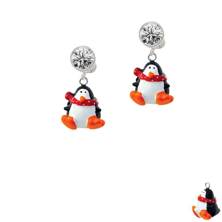 Resin Penguin with Red Scarf Crystal Clip On Earrings Image 2