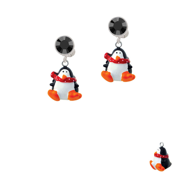 Resin Penguin with Red Scarf Crystal Clip On Earrings Image 3