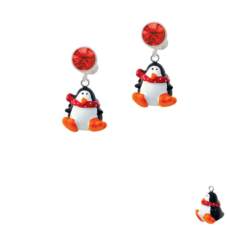 Resin Penguin with Red Scarf Crystal Clip On Earrings Image 4