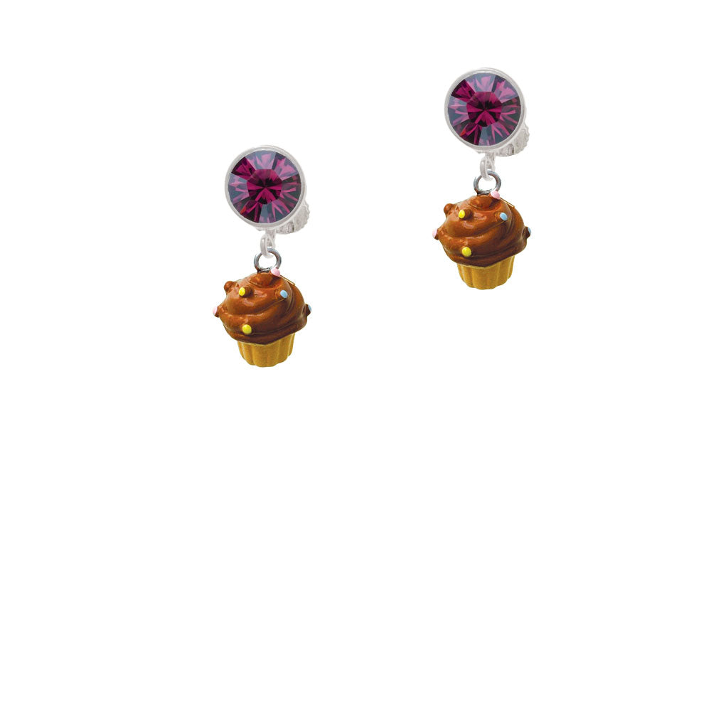 Resin Mini Vanilla Cupcake with Brown Frosting Crystal Clip On Earrings Image 8