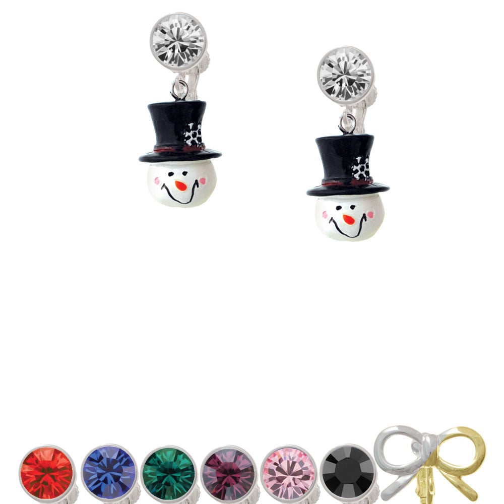 Resin Snowman Head with Top Hat Crystal Clip On Earrings Image 1