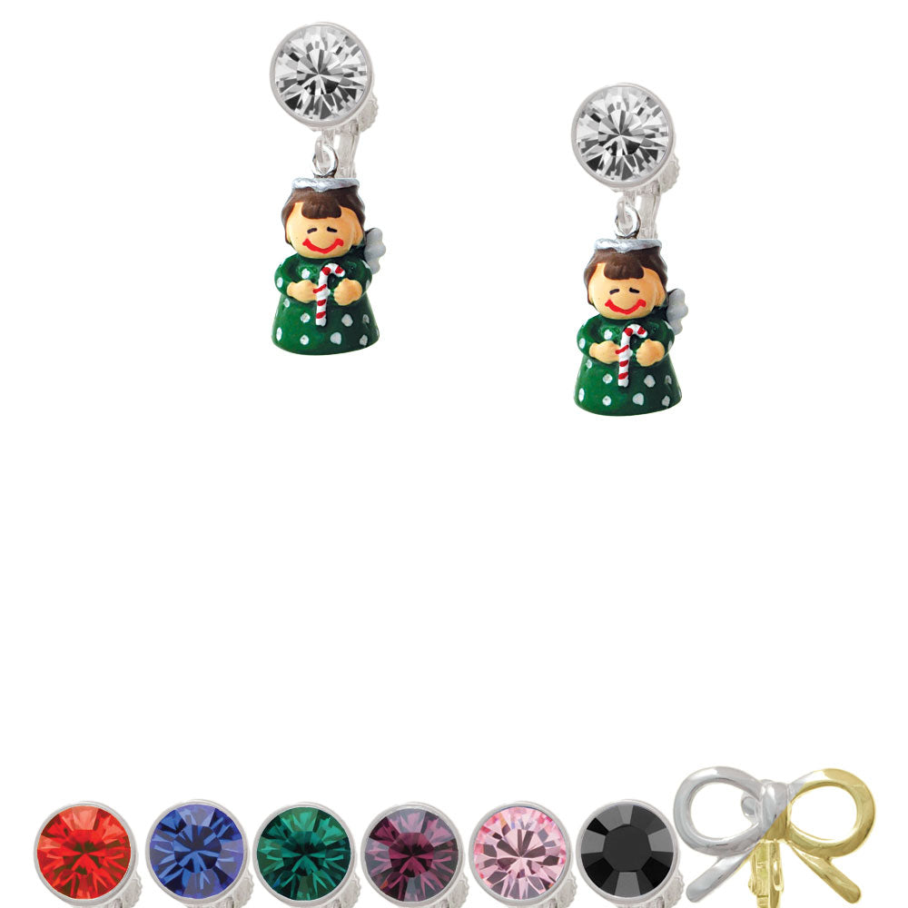 Resin Green Angel Holding Candy Cane Crystal Clip On Earrings Image 1