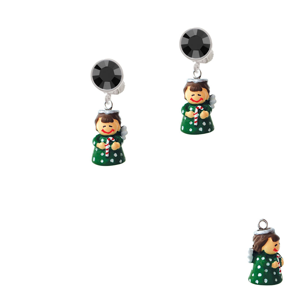 Resin Green Angel Holding Candy Cane Crystal Clip On Earrings Image 3