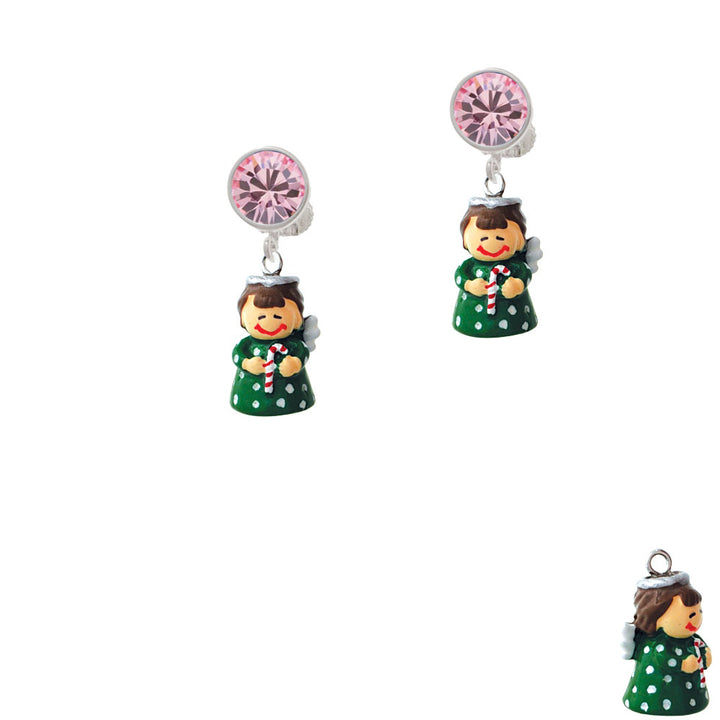 Resin Green Angel Holding Candy Cane Crystal Clip On Earrings Image 4