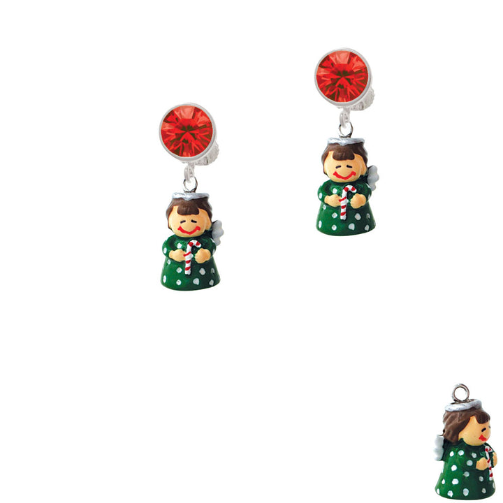 Resin Green Angel Holding Candy Cane Crystal Clip On Earrings Image 4