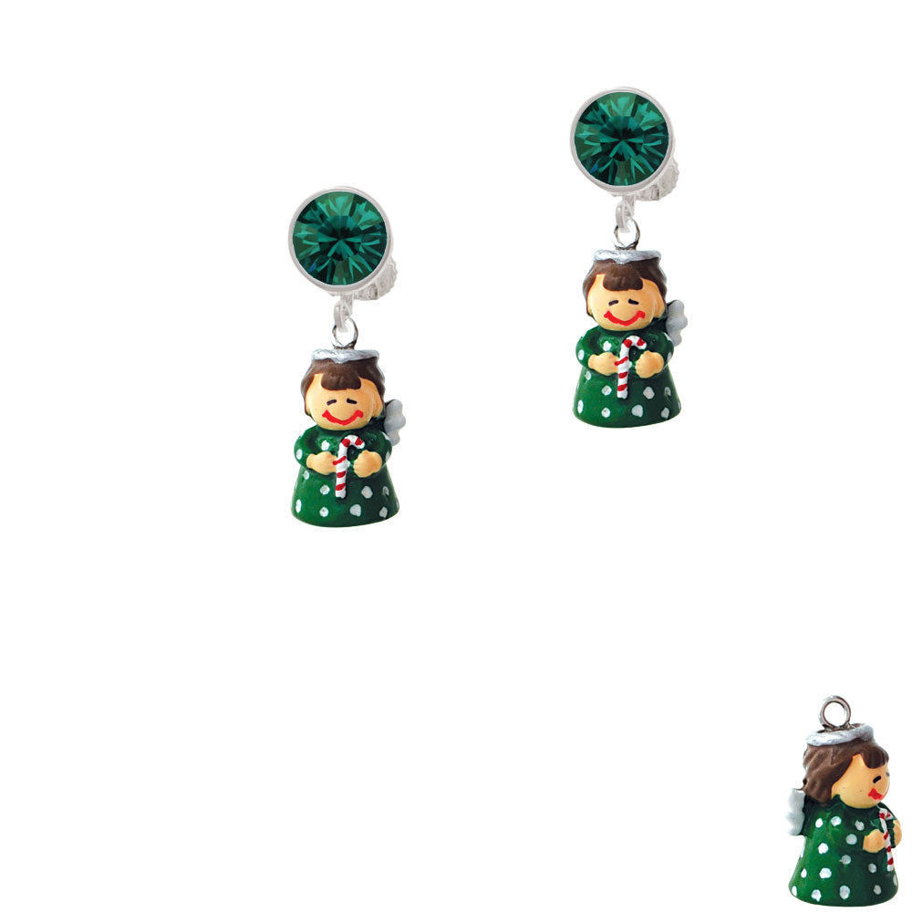 Resin Green Angel Holding Candy Cane Crystal Clip On Earrings Image 6