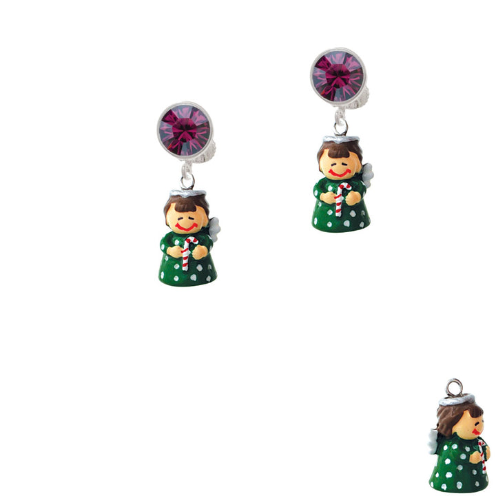 Resin Green Angel Holding Candy Cane Crystal Clip On Earrings Image 8