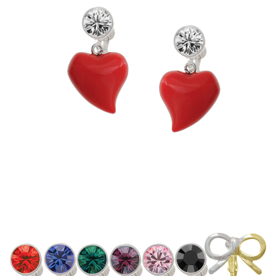 Resin Red Puffy Heart Crystal Clip On Earrings Image 1