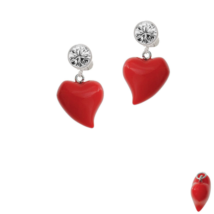 Resin Red Puffy Heart Crystal Clip On Earrings Image 2