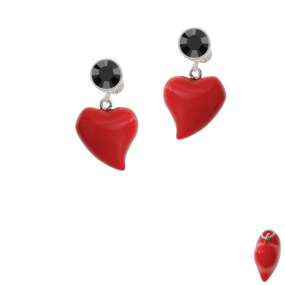 Resin Red Puffy Heart Crystal Clip On Earrings Image 3