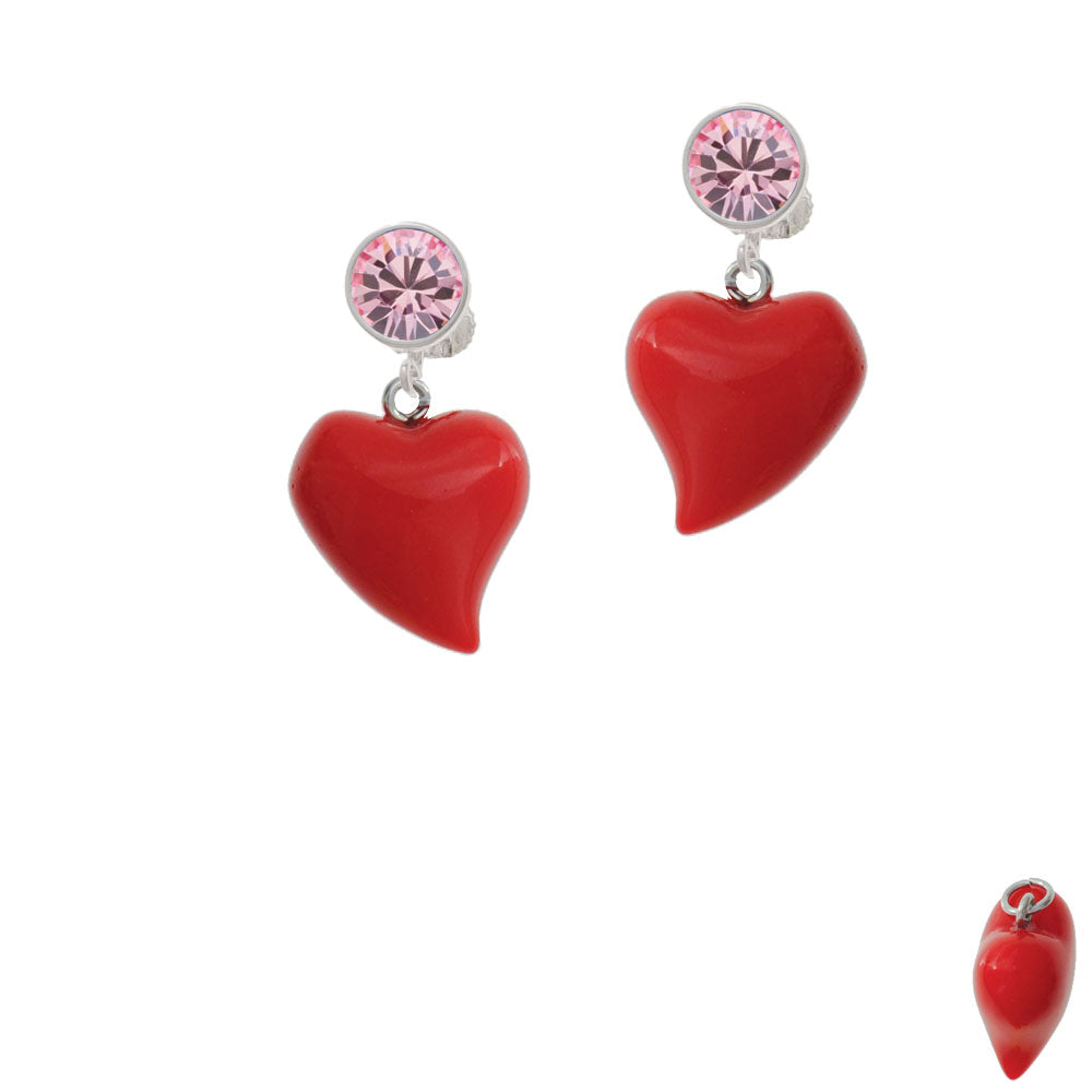 Resin Red Puffy Heart Crystal Clip On Earrings Image 4