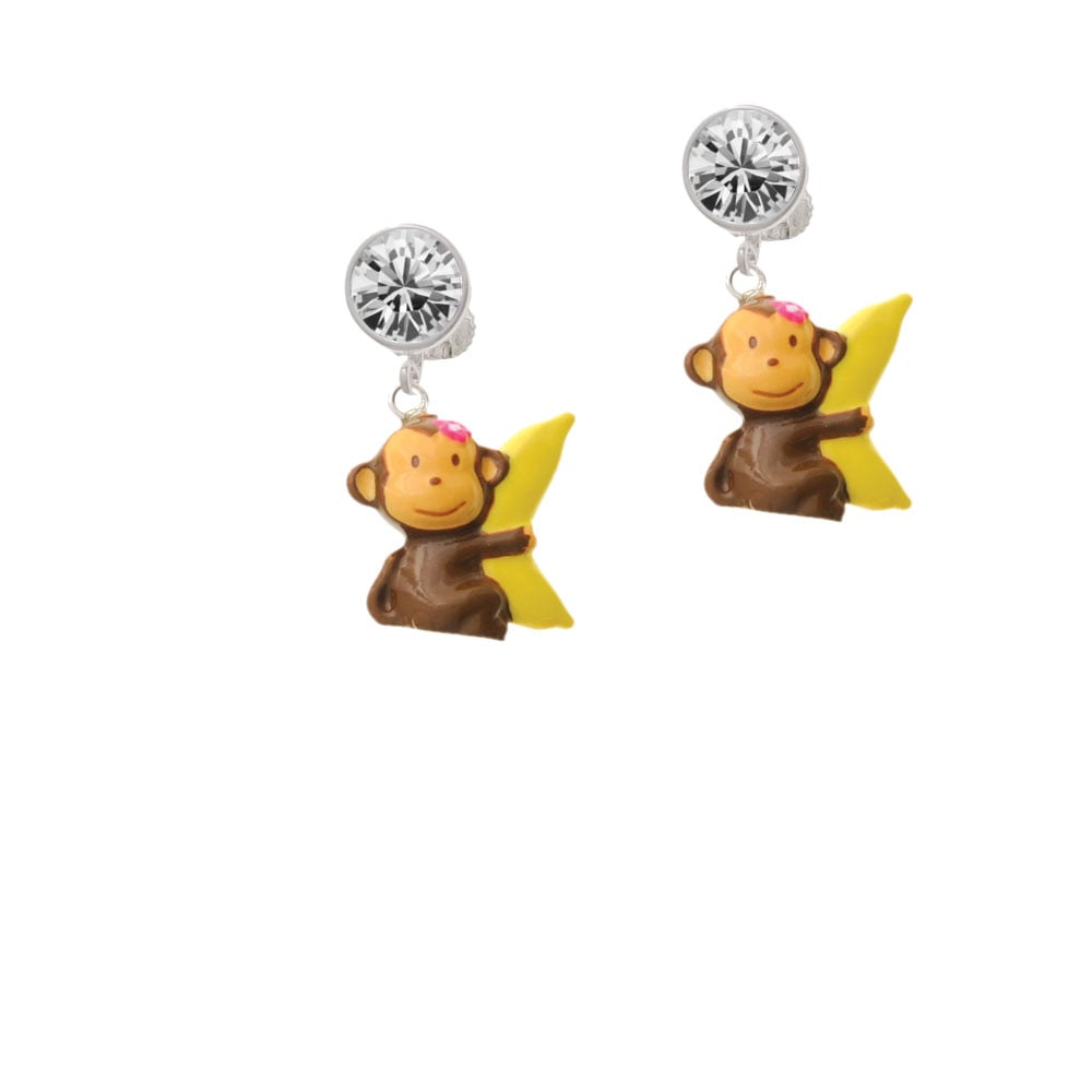 Resin Monkey Hugging a Banana Crystal Clip On Earrings Image 1