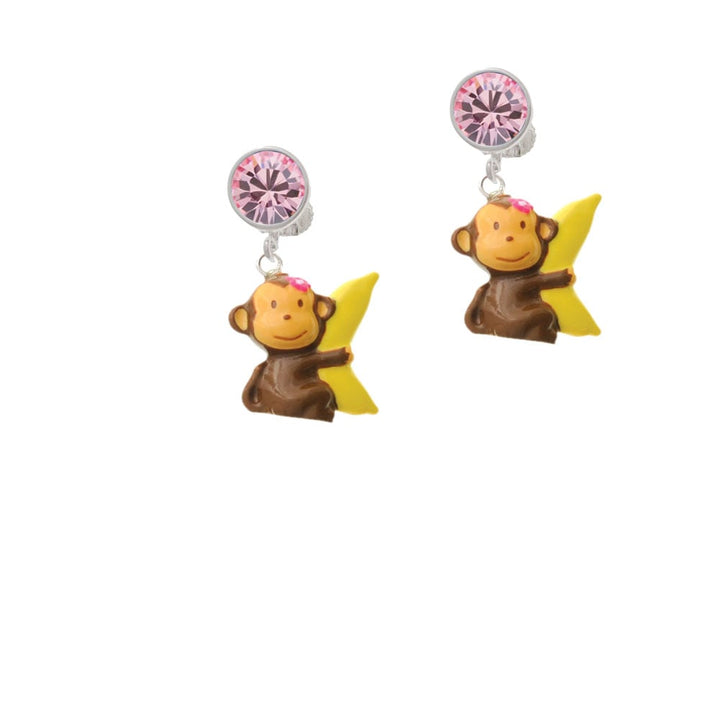 Resin Monkey Hugging a Banana Crystal Clip On Earrings Image 4