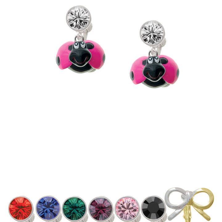 Resin Hot Pink and Black Ladybug Sweetie Crystal Clip On Earrings Image 1