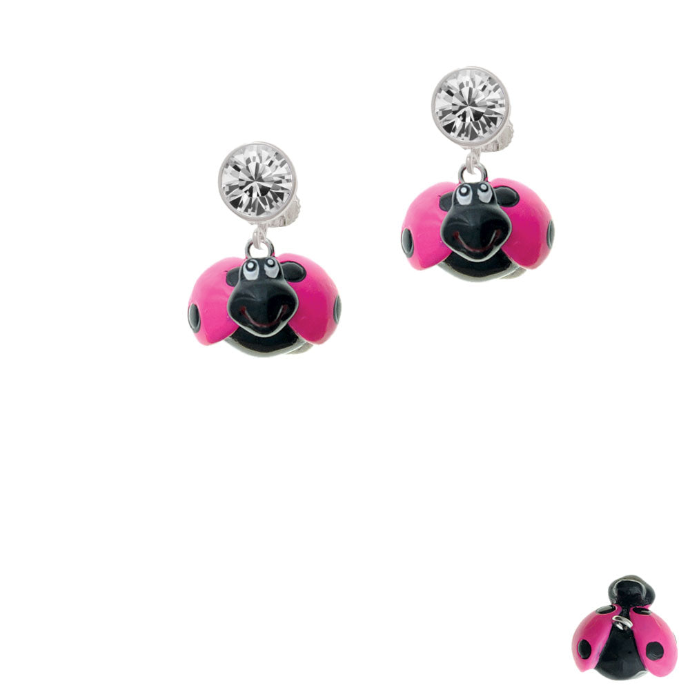 Resin Hot Pink and Black Ladybug Sweetie Crystal Clip On Earrings Image 2