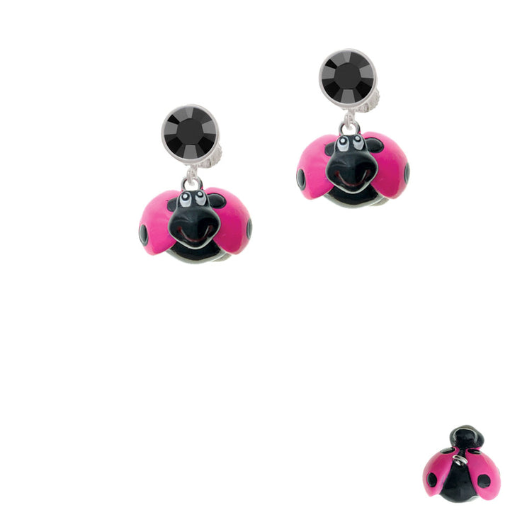 Resin Hot Pink and Black Ladybug Sweetie Crystal Clip On Earrings Image 3