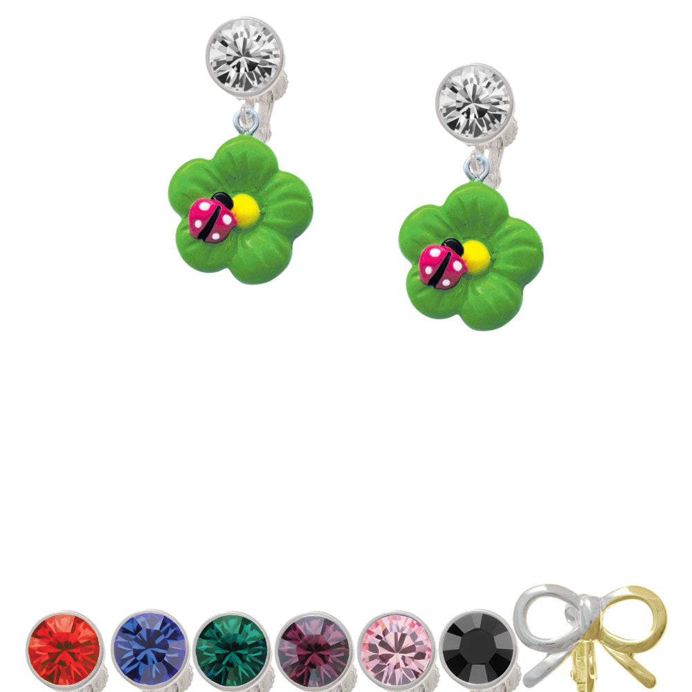 Resin Lime Green Daisy Flower with Hot Pink Ladybug Crystal Clip On Earrings Image 1