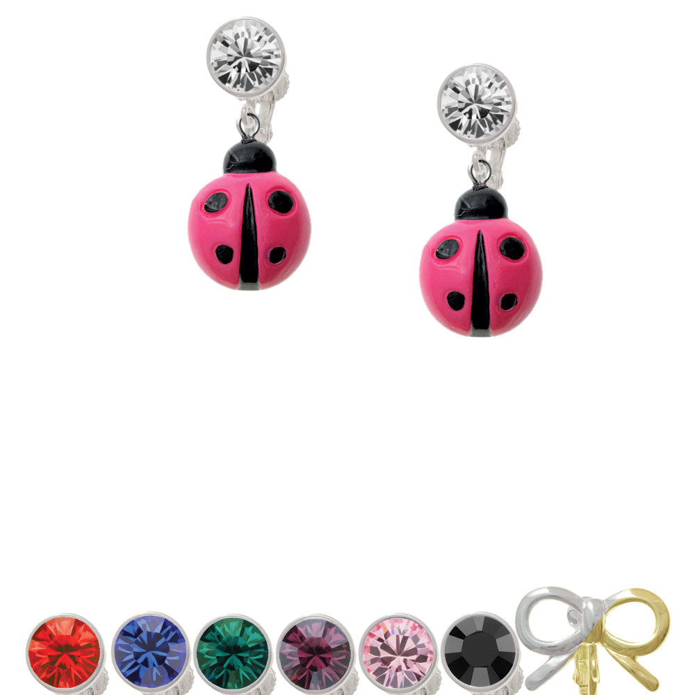 Resin Hot Pink Ladybug Love Bug Crystal Clip On Earrings Image 1