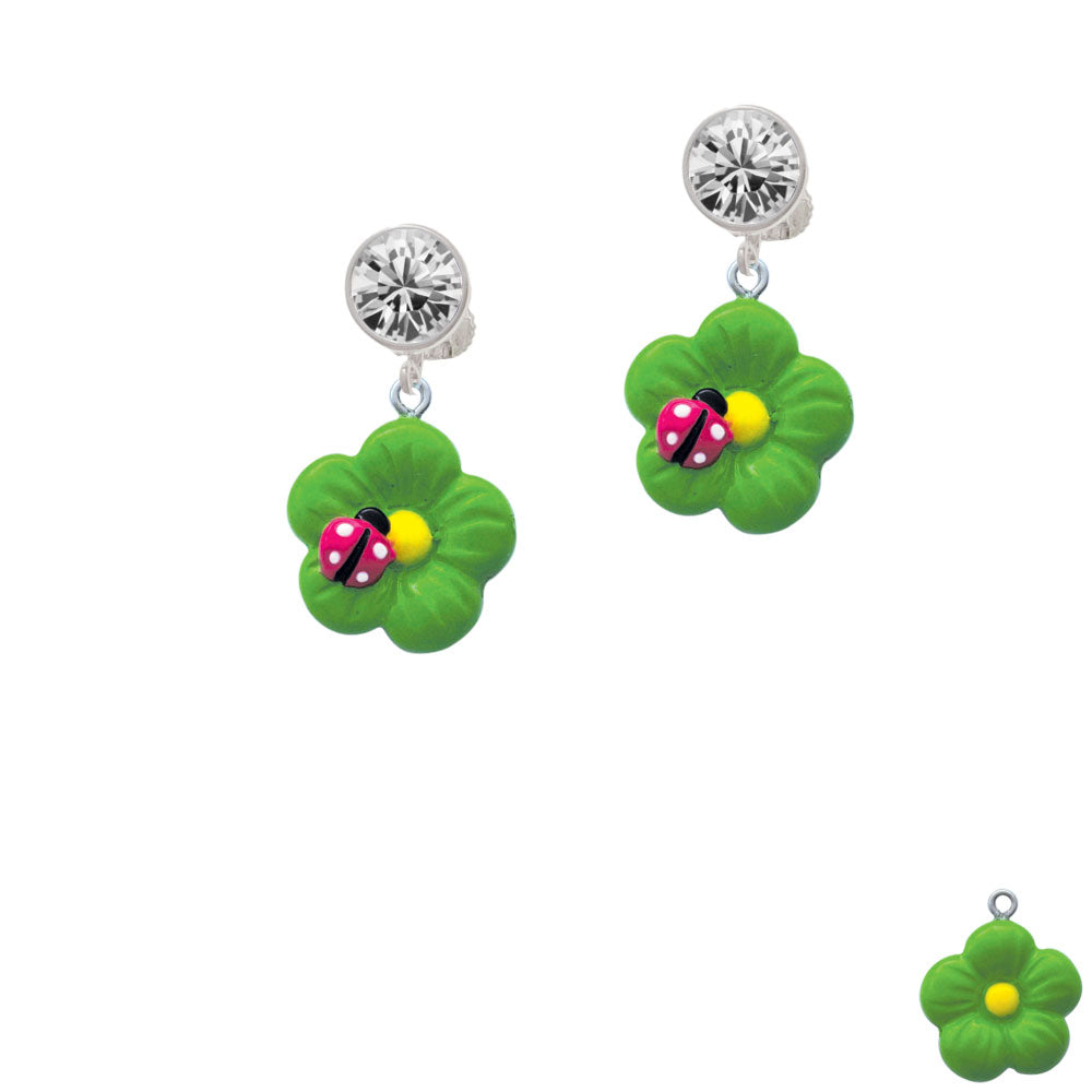 Resin Lime Green Daisy Flower with Hot Pink Ladybug Crystal Clip On Earrings Image 2