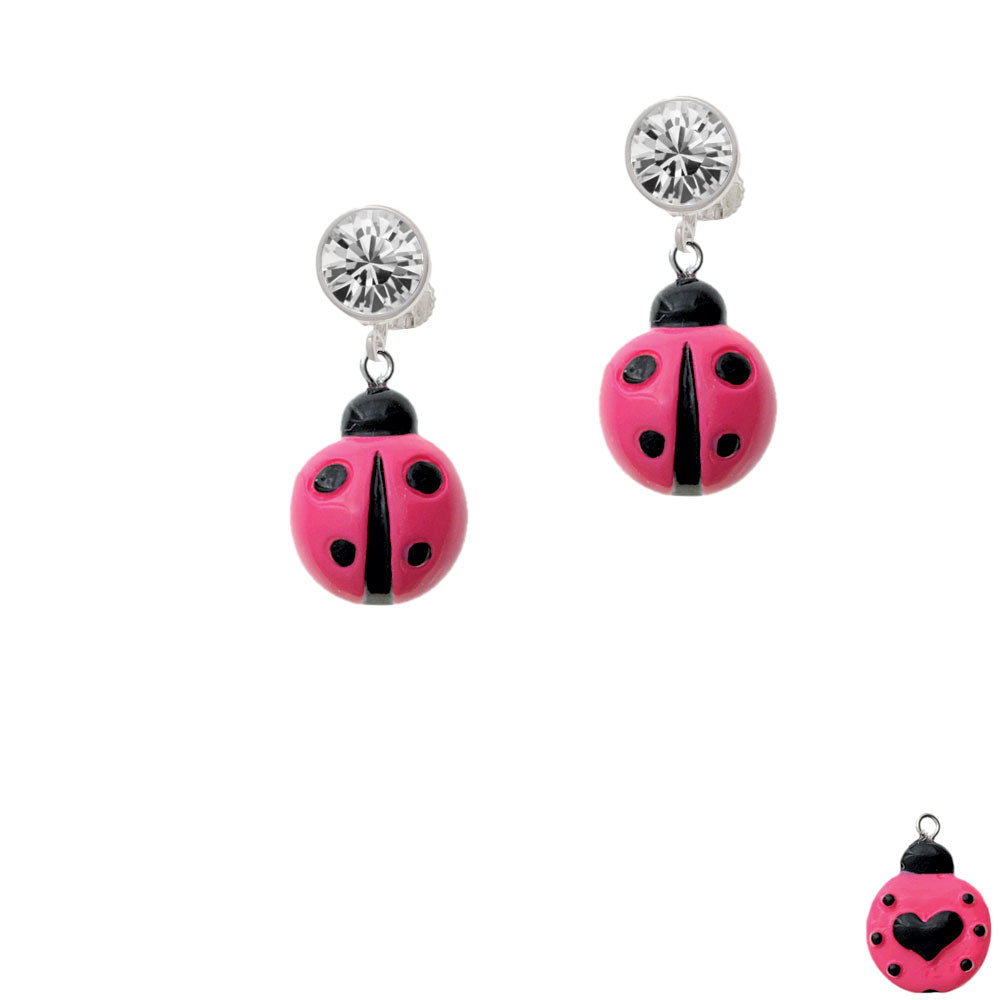 Resin Hot Pink Ladybug Love Bug Crystal Clip On Earrings Image 2