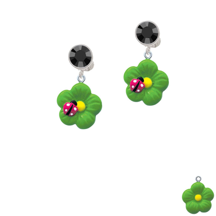 Resin Lime Green Daisy Flower with Hot Pink Ladybug Crystal Clip On Earrings Image 3