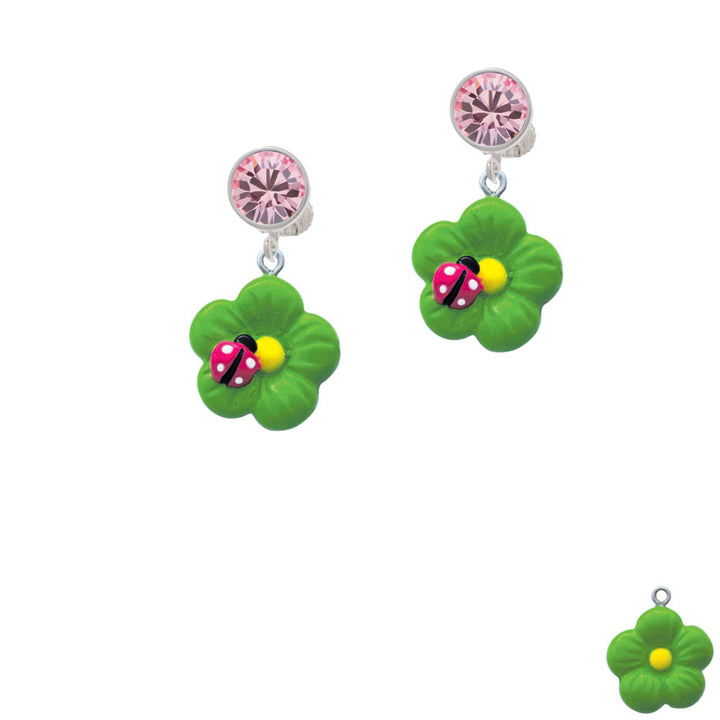 Resin Lime Green Daisy Flower with Hot Pink Ladybug Crystal Clip On Earrings Image 4