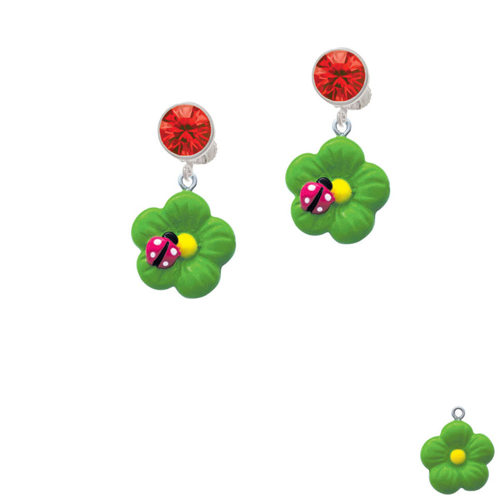 Resin Lime Green Daisy Flower with Hot Pink Ladybug Crystal Clip On Earrings Image 4