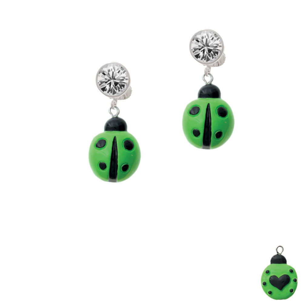 Resin Lime Green Ladybug Love Bug Crystal Clip On Earrings Image 2