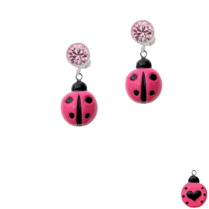 Resin Hot Pink Ladybug Love Bug Crystal Clip On Earrings Image 4