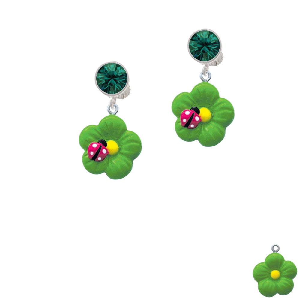 Resin Lime Green Daisy Flower with Hot Pink Ladybug Crystal Clip On Earrings Image 1