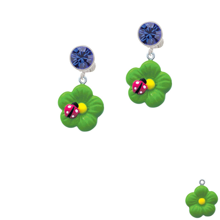 Resin Lime Green Daisy Flower with Hot Pink Ladybug Crystal Clip On Earrings Image 7