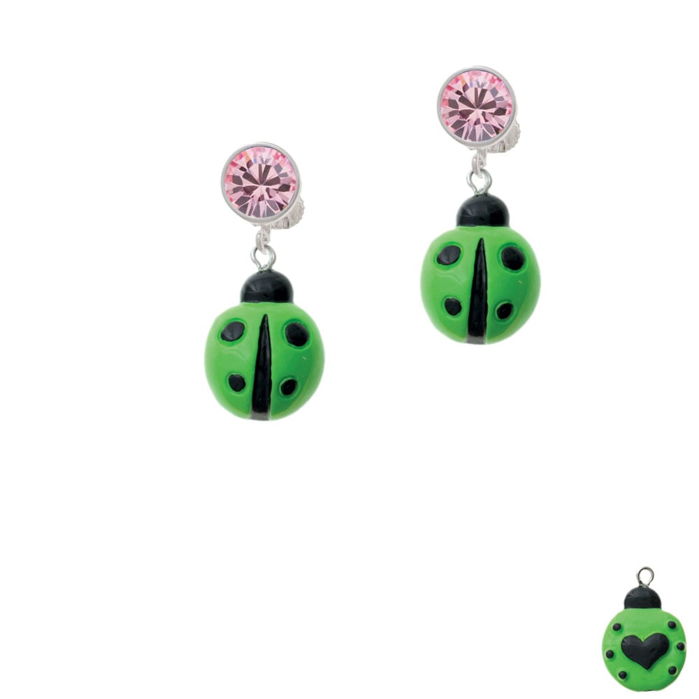 Resin Lime Green Ladybug Love Bug Crystal Clip On Earrings Image 1