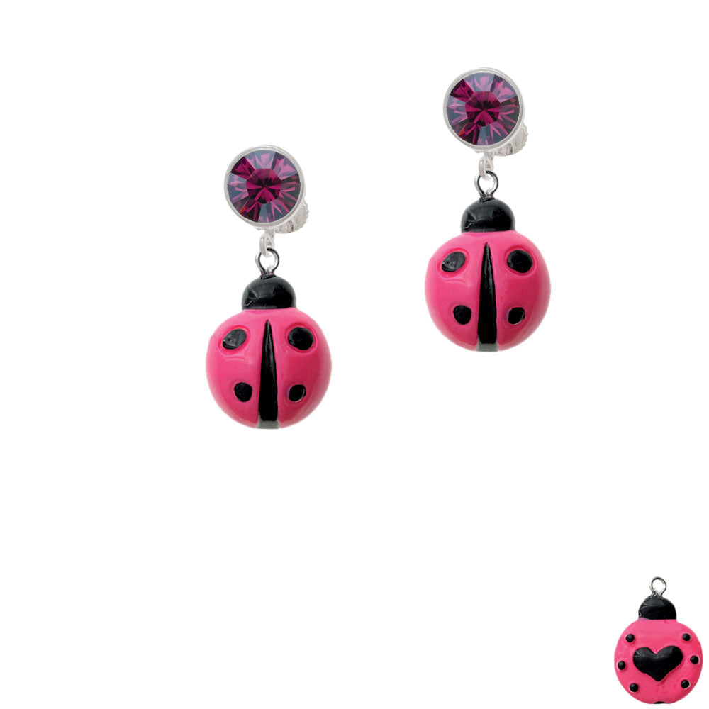 Resin Hot Pink Ladybug Love Bug Crystal Clip On Earrings Image 8