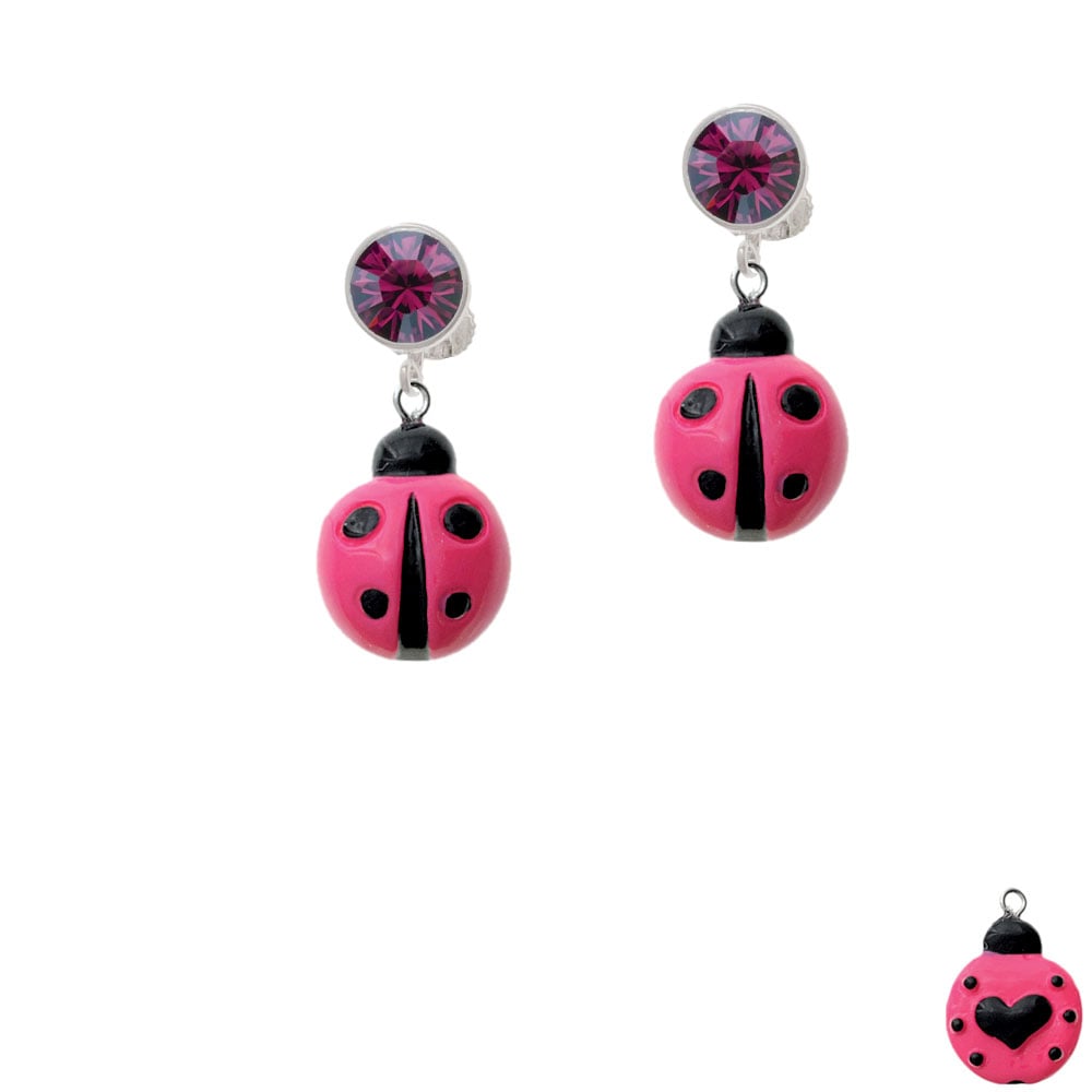 Resin Hot Pink Ladybug Love Bug Crystal Clip On Earrings Image 1