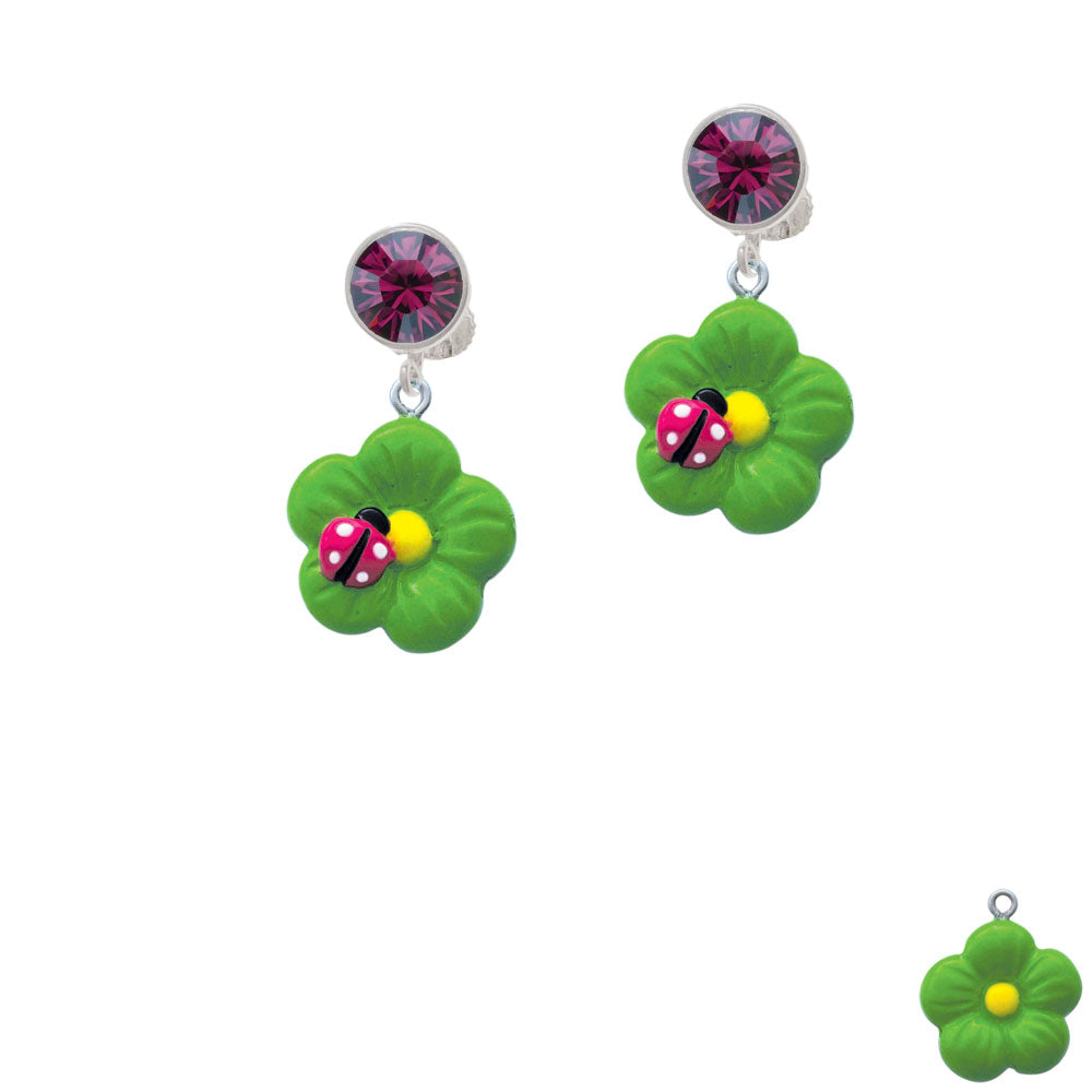 Resin Lime Green Daisy Flower with Hot Pink Ladybug Crystal Clip On Earrings Image 8