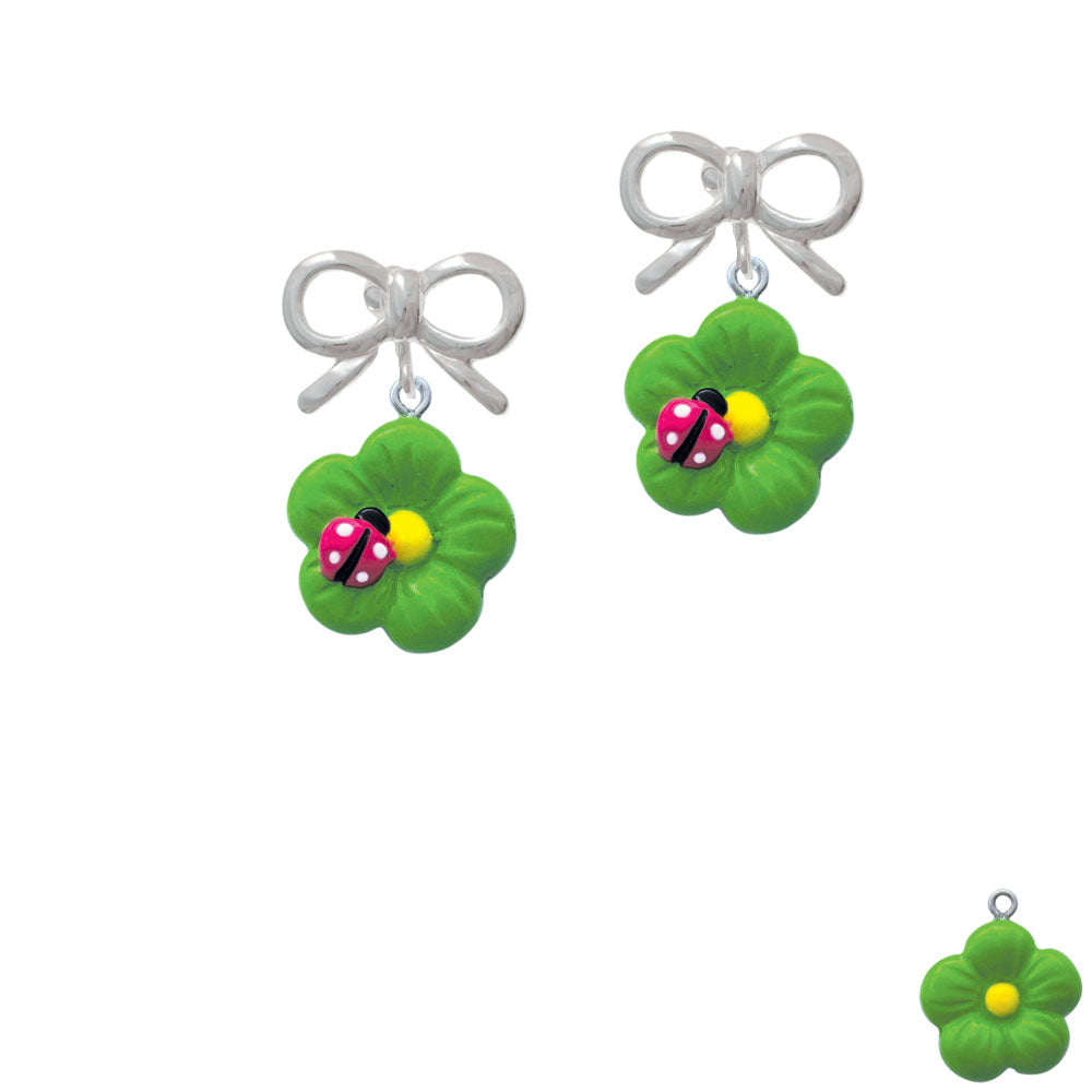 Resin Lime Green Daisy Flower with Hot Pink Ladybug Crystal Clip On Earrings Image 9