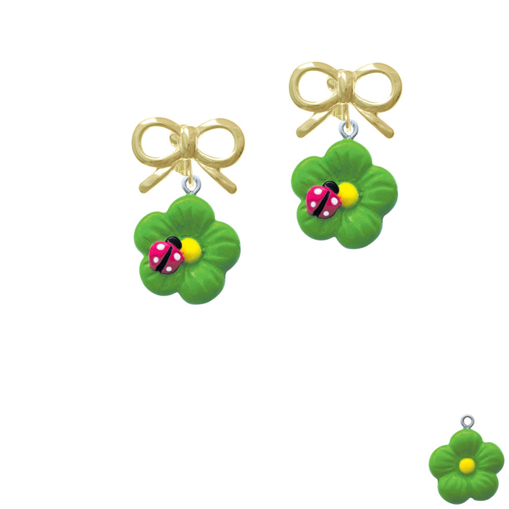 Resin Lime Green Daisy Flower with Hot Pink Ladybug Crystal Clip On Earrings Image 10