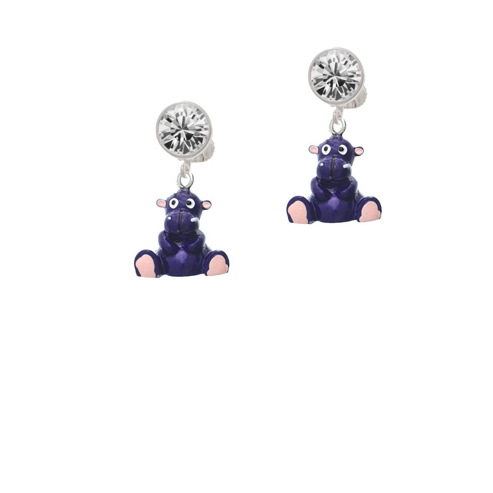 Resin Purple Hippopotamus Honey Crystal Clip On Earrings Image 2