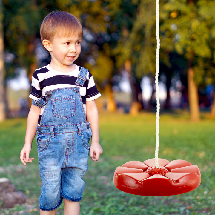 Hey Play Red Disc Swing for Kids Durable 12 Inch Diameter Rope Outdoor Play Image 1