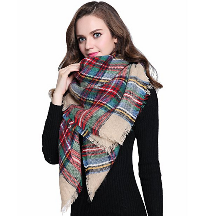 Buttons and Pleats Women Plaid Blanket Shawl Scarf for Fashion Wear and Winter Image 1