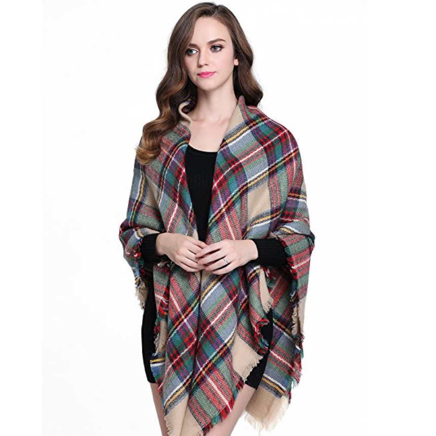 Buttons and Pleats Women Plaid Blanket Shawl Scarf for Fashion Wear and Winter Image 2