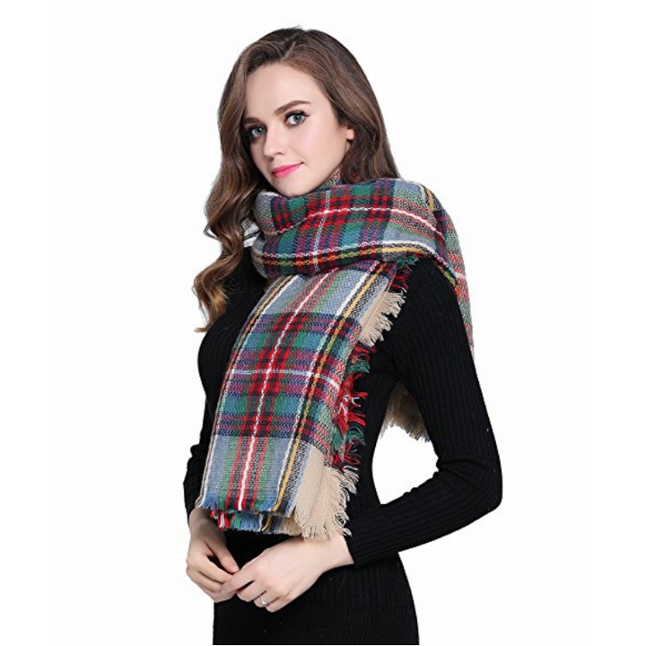Buttons and Pleats Women Plaid Blanket Shawl Scarf for Fashion Wear and Winter Image 4