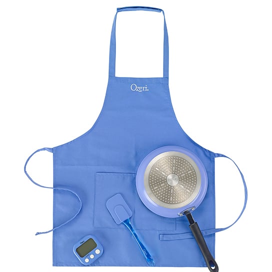 Ozeri Junior Chef Cooking Set 9.5 inch Pan Apron Spatula Timer Eco-Friendly Pink Blue Image 1