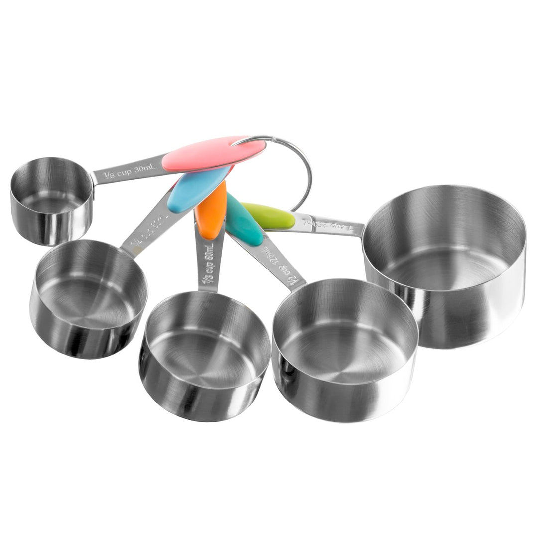 Stainless Steel Measuring Cups Set of 5 on Ring Space Saving Stacks Inside Cups and Metric Measurements Image 1