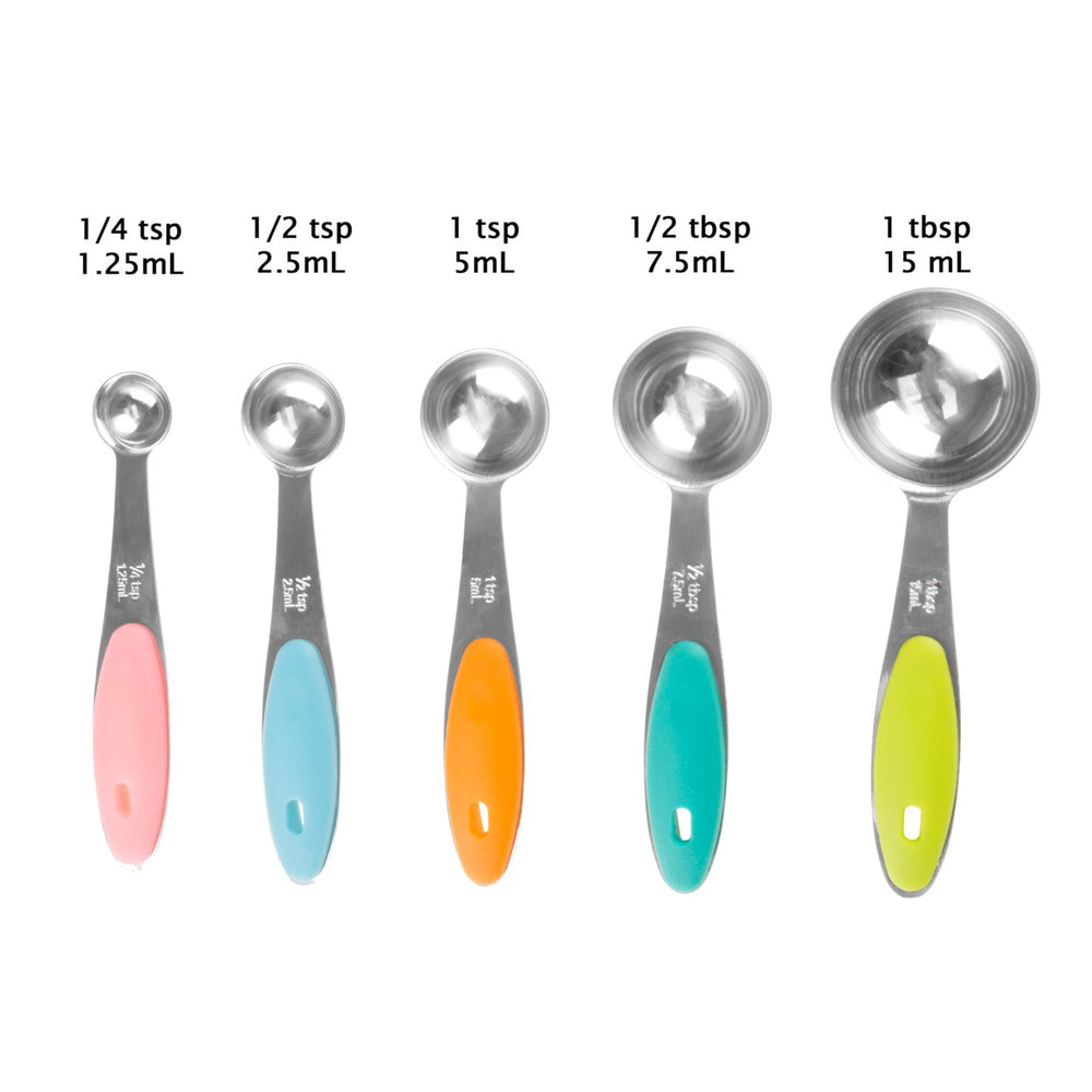 Stainless Steel Measuring Spoons on Ring Silicone Handles Set of 5 Tbsp Tsp and Metric Image 2