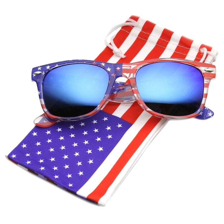American Flag USA Patriotic Flash Mirror Lens Horn Rimmed Sunglasses Image 1